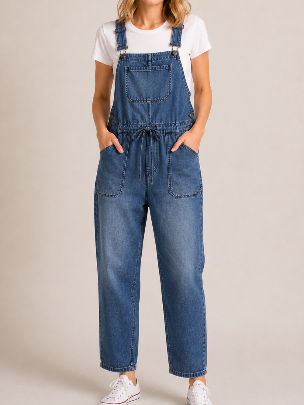 Jordache Denim Overalls Tapered Leg Drawstring Size Large Lyocell Blend